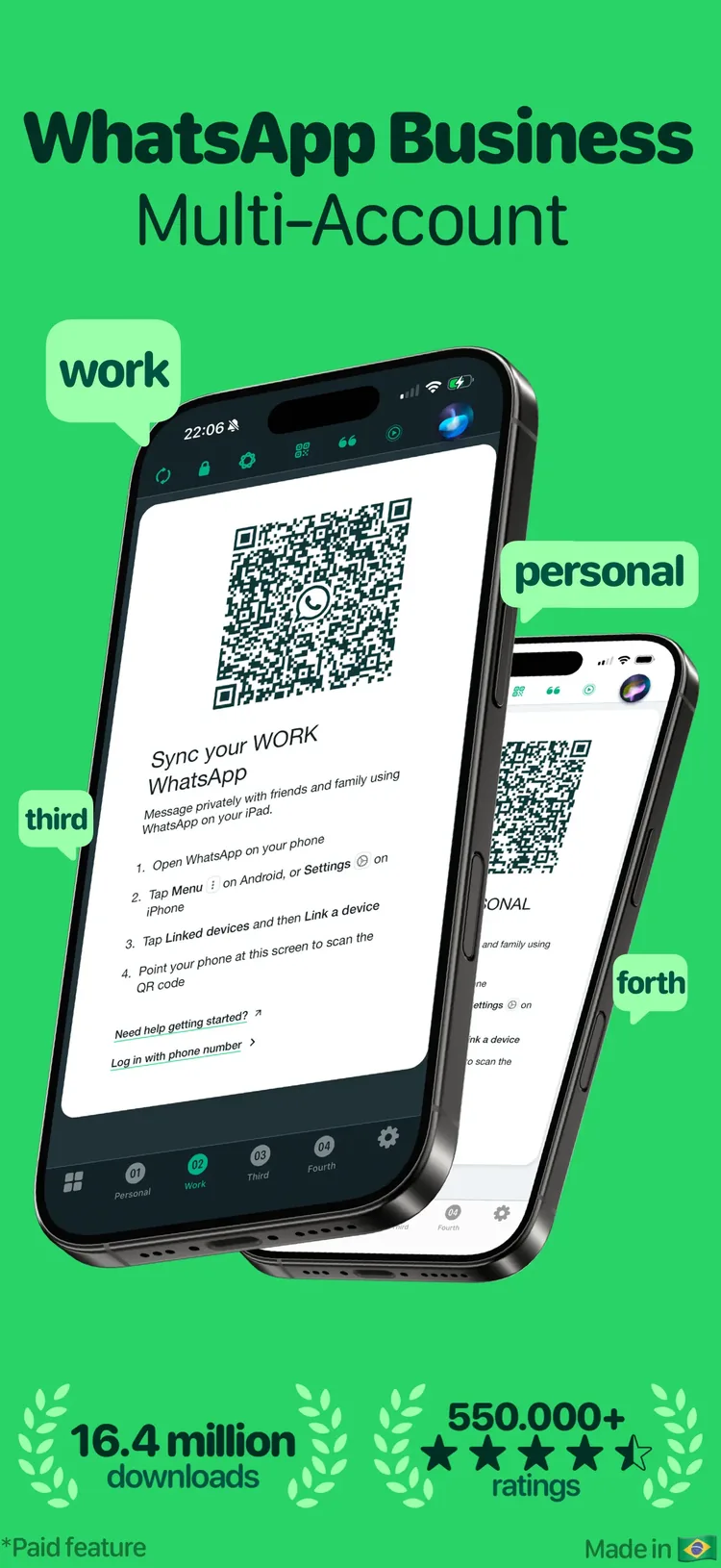 Messenger Multi Business screen showing several WhatsApp Business accounts on one iPhone