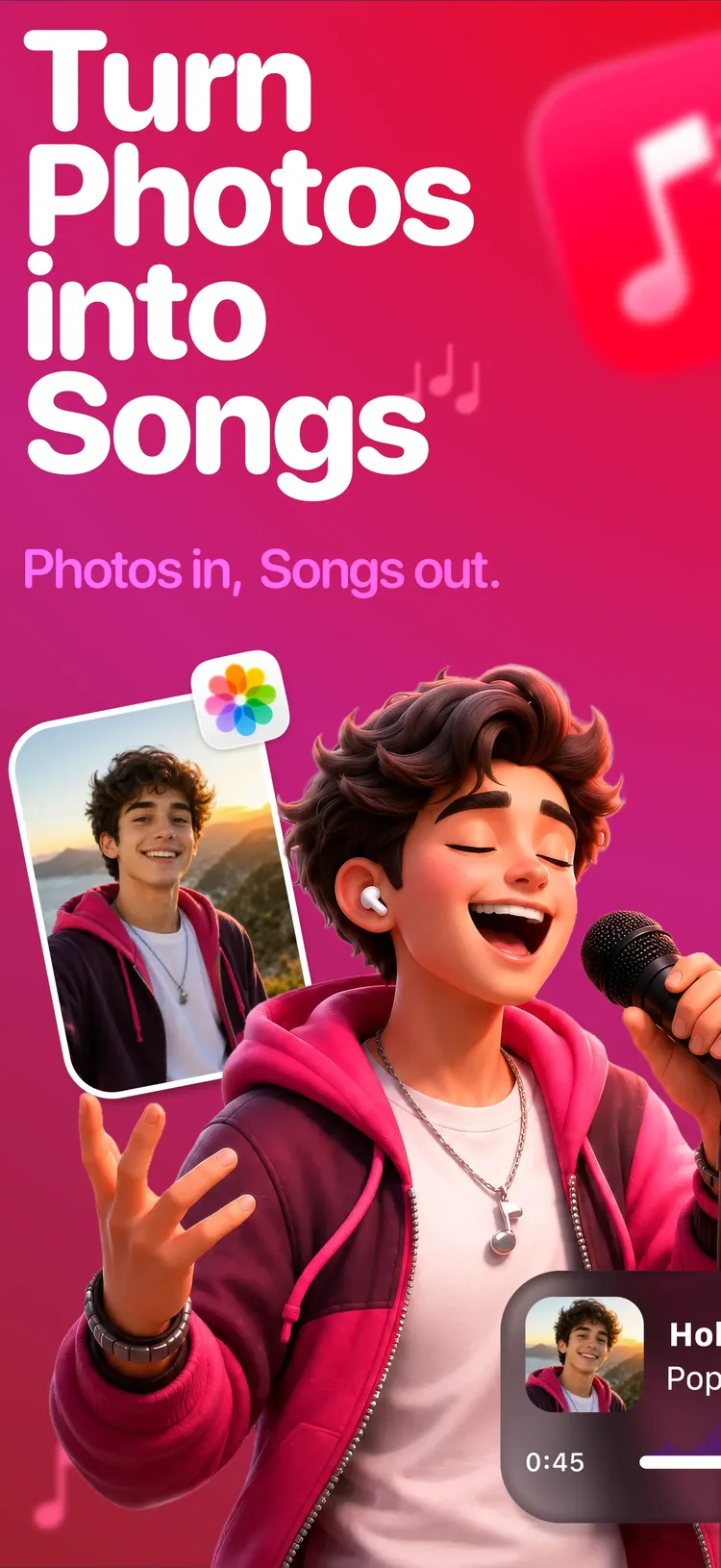 SnapSong promotional screen: turn photos into songs