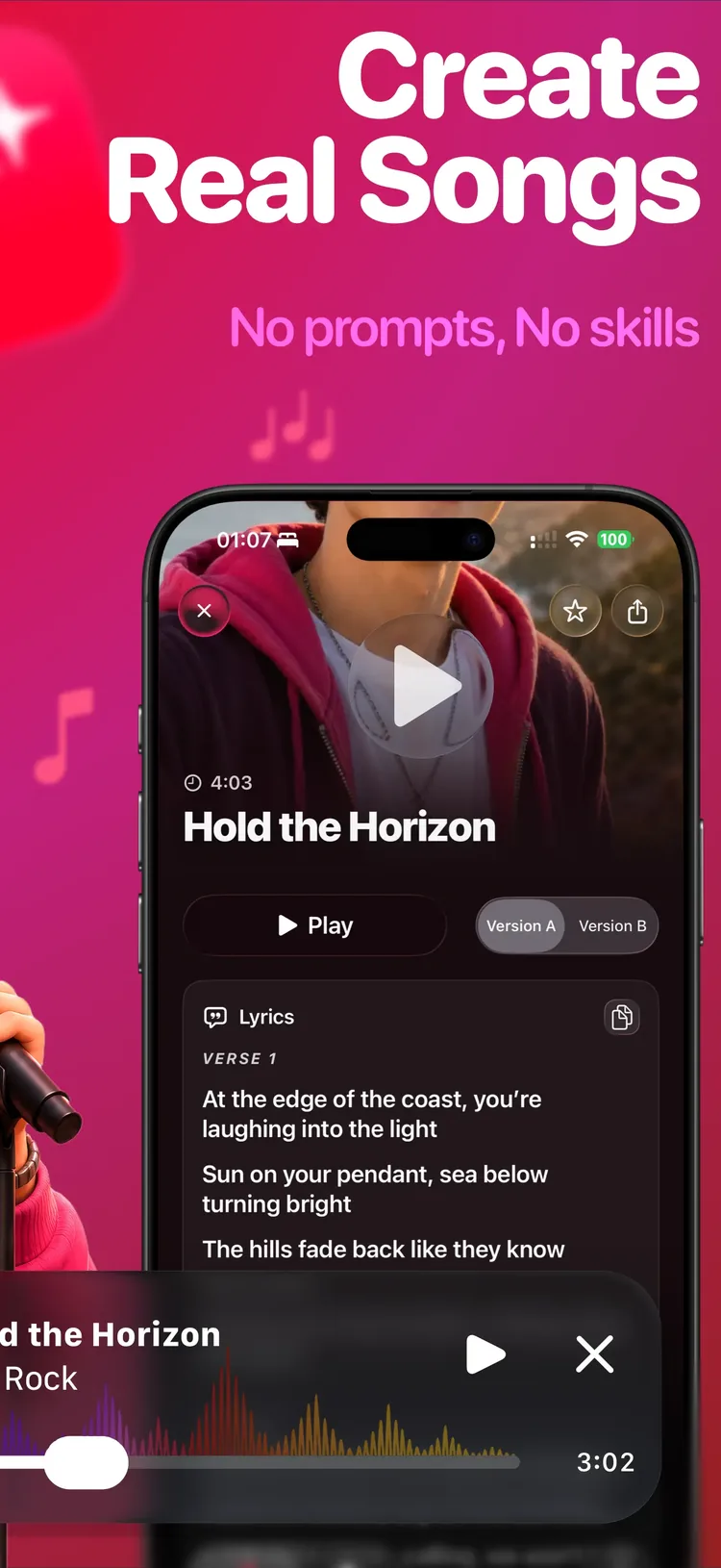 SnapSong player screen with a generated song, its lyrics and two versions to compare