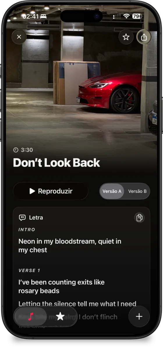 Don't Look Back: song screen generated from a car photo