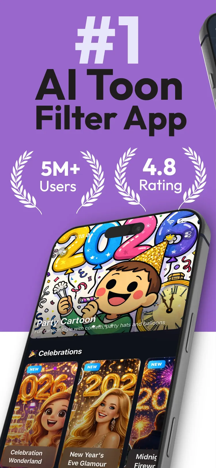ToonFilter promotional screen showing cartoon avatars and trending filters on an iPhone