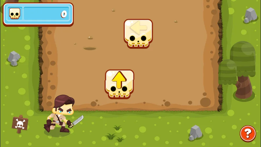 Trap Raider gameplay: the hero facing skull traps marked with direction arrows